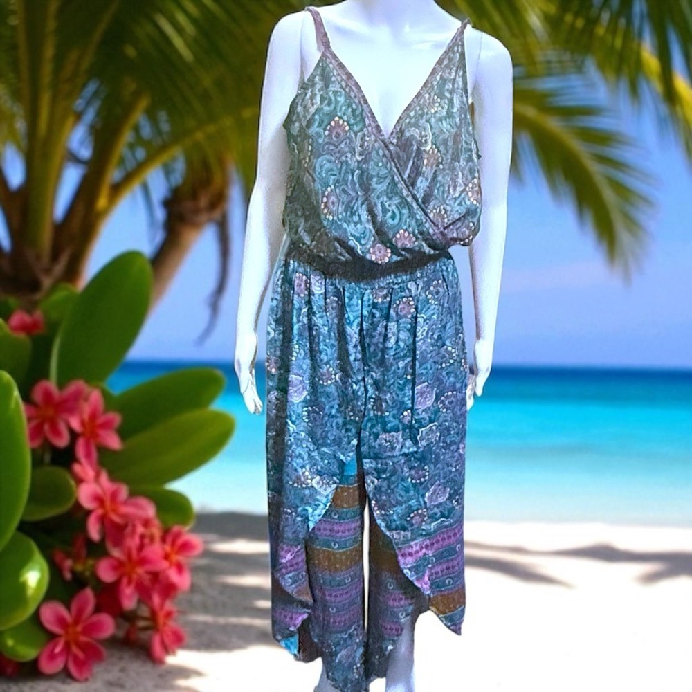 Karma Highway Blue Faux Wrap‎ Jumpsuit One Size NWT Silky Jewel Tones Boho Chic